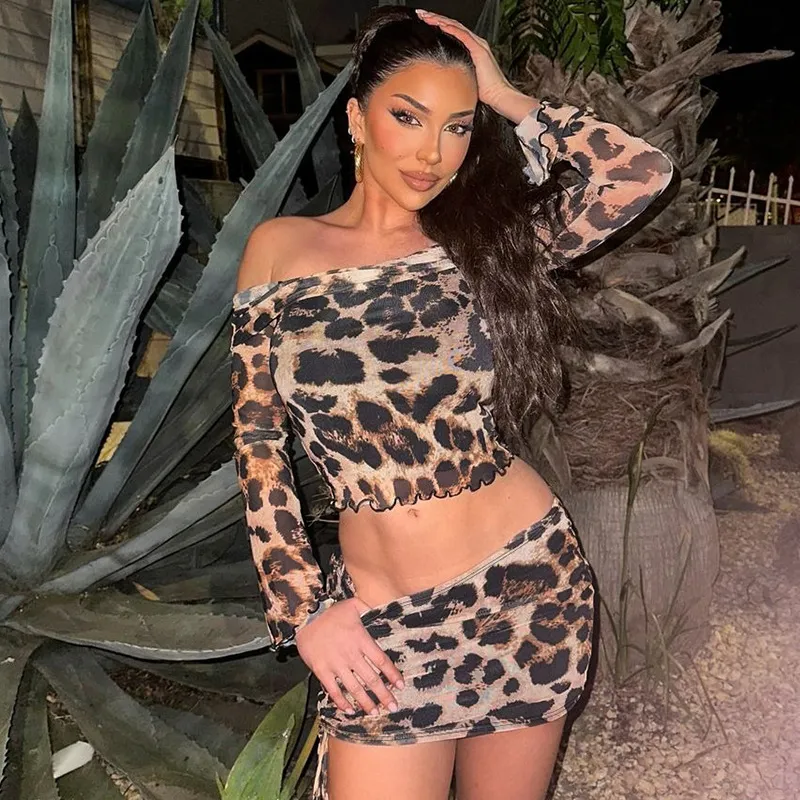Women Fashion Sexy Leopard Print Off Shoulder Long Sleeve Crop Top Drawstring Skirt Two-Piece Set