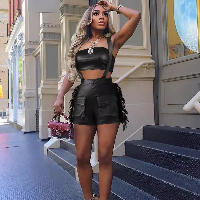 Summer Women Metallic Strapless Tanks Tassel Strap Shorts Two-Piece Set