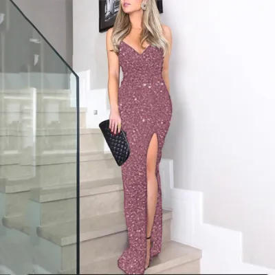 Summer Women Fashion Sexy V-Neck Split Sequin Party Dress