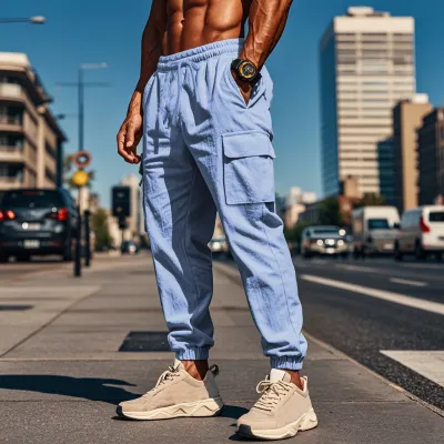 Casual Men Plus Size Drawstring Multi-Pocket Wide Tube Cotton And Linen Cargo Pants