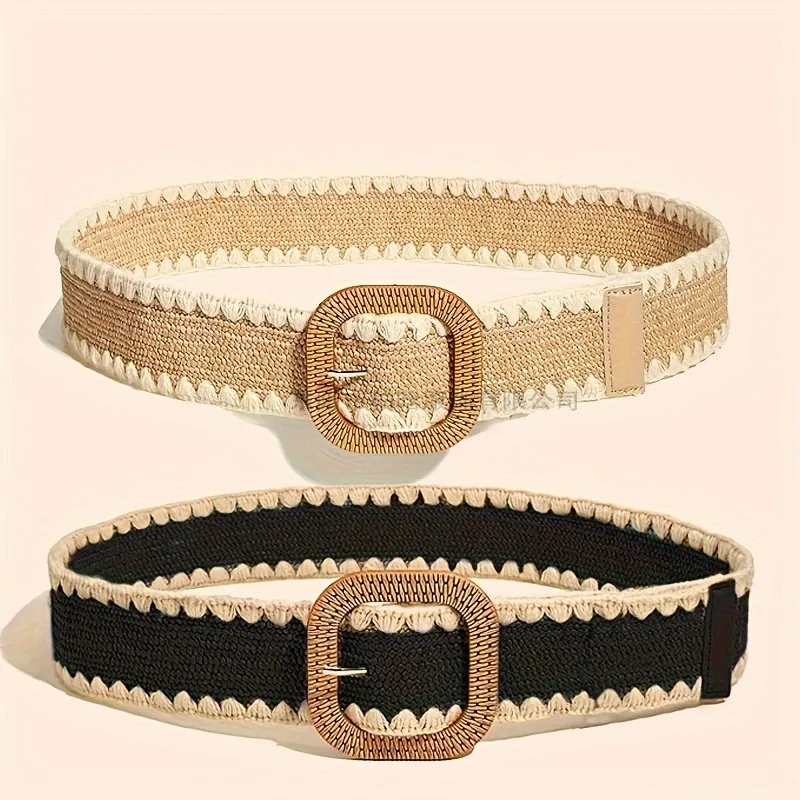 Women Fashion Simple Wood Buckle Elastic Pp Grass Belt