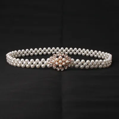 Women Fashion Sweet Rhinestone Pearl Decoration Belt with Alloy Hook Buckle