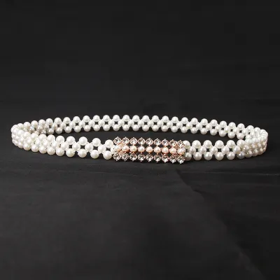 Women Fashion Sweet Rhinestone Pearl Decoration Belt with Alloy Hook Buckle