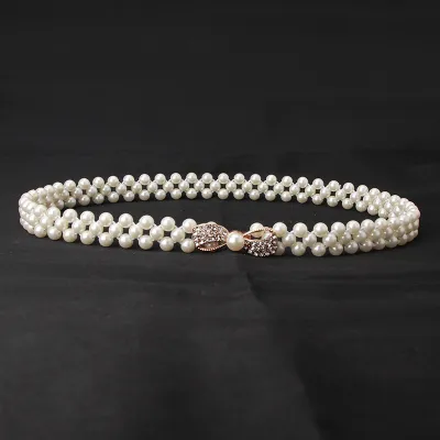 Women Fashion Sweet Rhinestone Pearl Decoration Belt with Alloy Hook Buckle