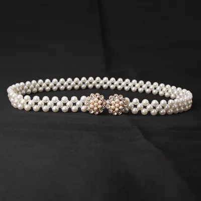 Women Fashion Sweet Rhinestone Pearl Decoration Belt with Alloy Hook Buckle