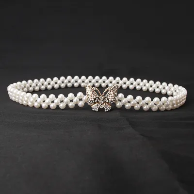 Women Fashion Sweet Rhinestone Pearl Decoration Belt with Alloy Hook Buckle