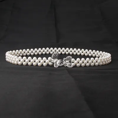 Women Fashion Sweet Rhinestone Pearl Decoration Belt with Alloy Hook Buckle