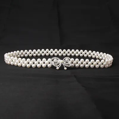 Women Fashion Sweet Rhinestone Pearl Decoration Belt with Alloy Hook Buckle