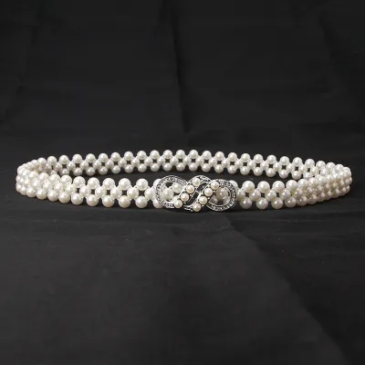 Women Fashion Sweet Rhinestone Pearl Decoration Belt with Alloy Hook Buckle