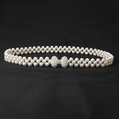 Women Fashion Sweet Rhinestone Pearl Decoration Belt with Alloy Hook Buckle