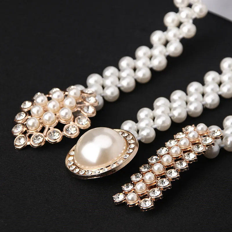 Women Fashion Sweet Rhinestone Pearl Decoration Belt with Alloy Hook Buckle