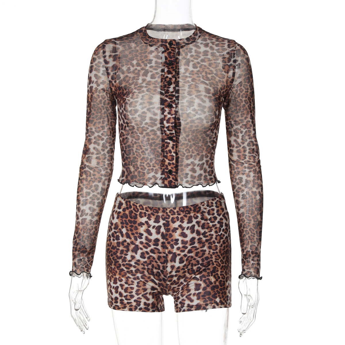 Wholesale Women Fashion Sexy Mesh Leopard Print Round Neck