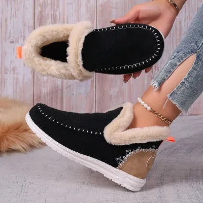 Women's Casual Fleece-Lined Suede Snow Boots with Slip On