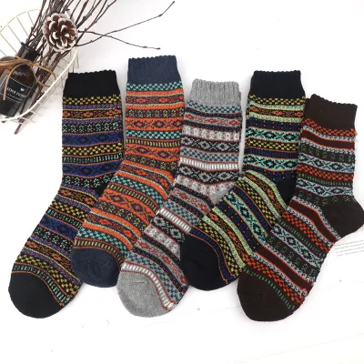 Neutral Simple Folk Warm Thick Geometric Knitted Socks 5 Pairs-Bag
