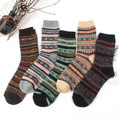 Neutral Simple Folk Warm Thick Geometric Knitted Socks 5 Pairs-Bag