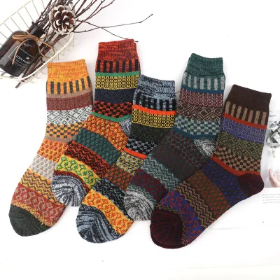 Neutral Simple Folk Warm Thick Geometric Knitted Socks 5 Pairs-Bag
