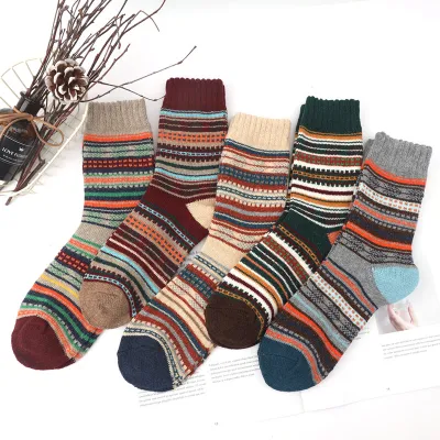 Neutral Simple Folk Warm Thick Geometric Knitted Socks 5 Pairs-Bag