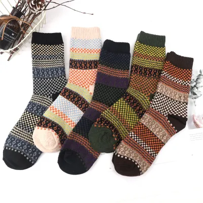 Neutral Simple Folk Warm Thick Geometric Knitted Socks 5 Pairs-Bag