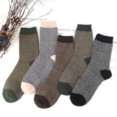Neutral Simple Folk Warm Thick Geometric Knitted Socks 5 Pairs-Bag