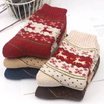 Neutral Simple Folk Warm Thick Geometric Knitted Socks 5 Pairs-Bag