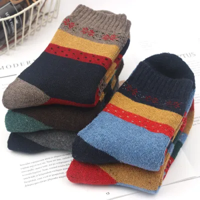 Neutral Simple Folk Warm Thick Geometric Knitted Socks 5 Pairs-Bag
