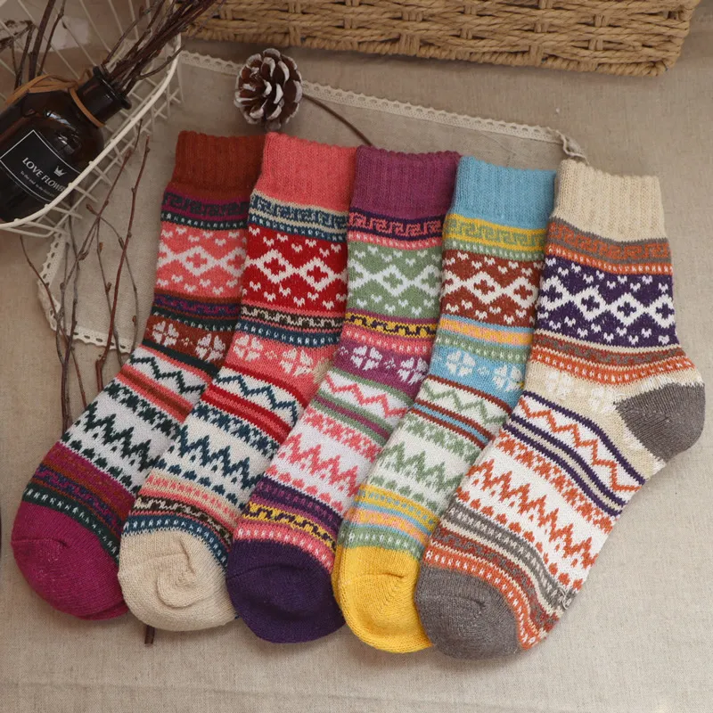 Neutral Simple Folk Warm Thick Geometric Knitted Socks 5 Pairs-Bag