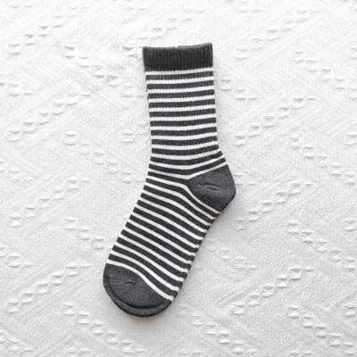 Women Cotton Thickened Stripe Crew Socks - Korean Single Needle Knit
