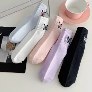 Women Cute Butterfly Embroidered Tube Socks