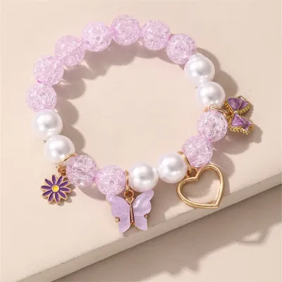Kids Girls Cute Sweet Butterfly Heart Flower Glass Bracelet Simple Children