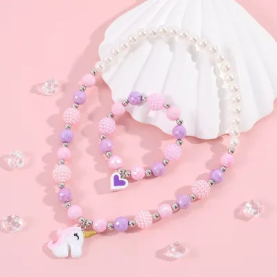 Kids Girls Cute Sweet Cartoon Pearl Acrylic Jewelry Set Elastic Rope Pendant