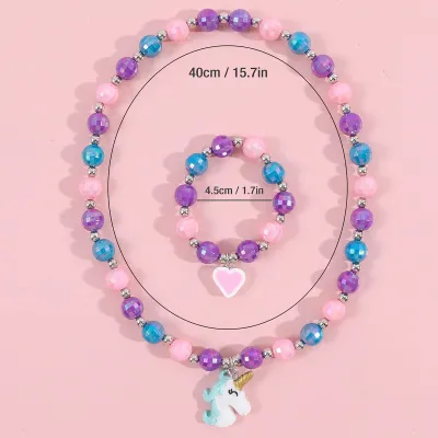 Kids Girls Cute Sweet Cartoon Pearl Acrylic Jewelry Set Elastic Rope Pendant