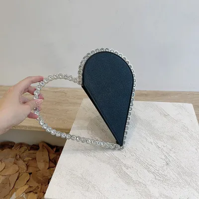 Women Fashion Rhinestone Decorative Heart Handle Evening Bag PU Leather Round Zipper