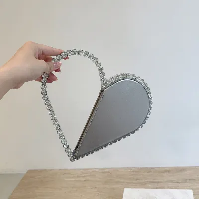 Women Fashion Rhinestone Decorative Heart Handle Evening Bag PU Leather Round Zipper