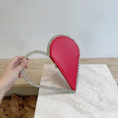 Women Fashion Rhinestone Decorative Heart Handle Evening Bag PU Leather Round Zipper