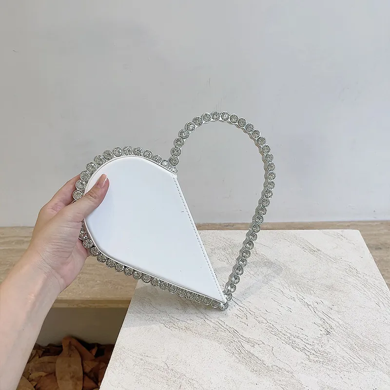 Women Fashion Rhinestone Decorative Heart Handle Evening Bag PU Leather Round Zipper