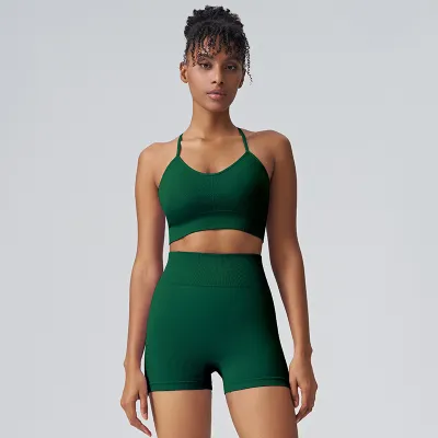 Summer Women Simple Solid Color Sports Fitness Sling Top High Waist Yoga Shorts Two-Piece Set