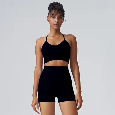 Summer Women Simple Solid Color Sports Fitness Sling Top High Waist Yoga Shorts Two-Piece Set