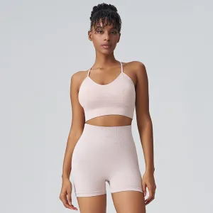 Summer Women Simple Solid Color Sports Fitness Sling Top High Waist Yoga Shorts Two-Piece Set