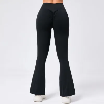 Women Casual Solid Color High Waist Hip Tight Yoga Flared Leggings