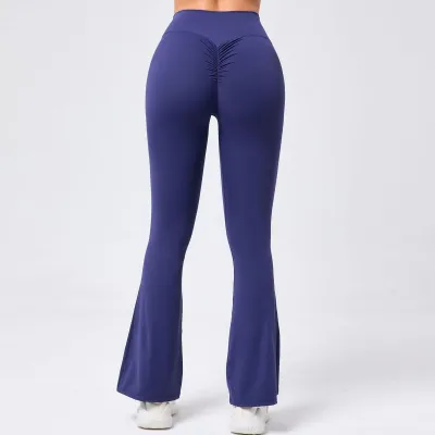 Women Casual Solid Color High Waist Hip Tight Yoga Flared Leggings