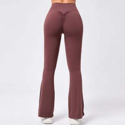 Women Casual Solid Color High Waist Hip Tight Yoga Flared Leggings