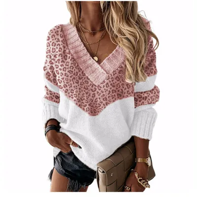 Autumn Winter Women Fashion V-Neck Leopard Printed Long Sleeve Knitted Sweater
