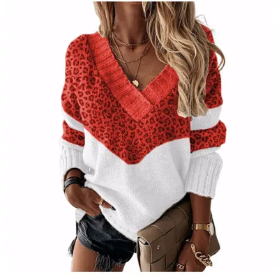 Autumn Winter Women Fashion V-Neck Leopard Printed Long Sleeve Knitted Sweater