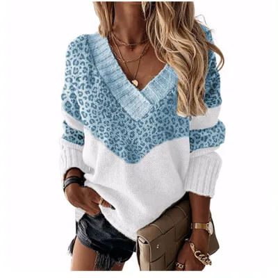 Autumn Winter Women Fashion V-Neck Leopard Printed Long Sleeve Knitted Sweater