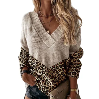 Autumn Winter Women Fashion V-Neck Leopard Printed Long Sleeve Knitted Sweater