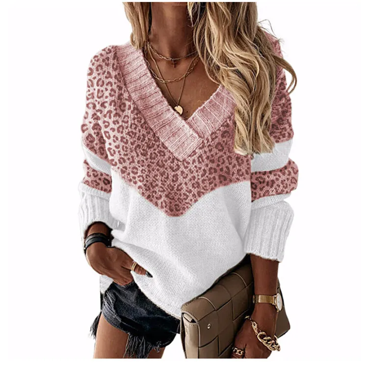 Autumn Winter Women Fashion V-Neck Leopard Printed Long Sleeve Knitted Sweater