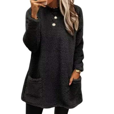 Autumn Winter Women Loose Solid Color Plush Long Sleeve Pullover Sweatshirt