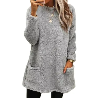 Autumn Winter Women Loose Solid Color Plush Long Sleeve Pullover Sweatshirt