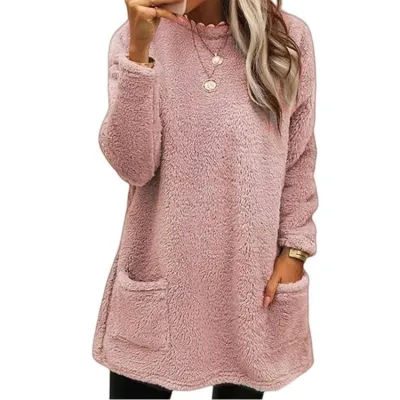 Autumn Winter Women Loose Solid Color Plush Long Sleeve Pullover Sweatshirt