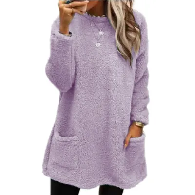 Autumn Winter Women Loose Solid Color Plush Long Sleeve Pullover Sweatshirt